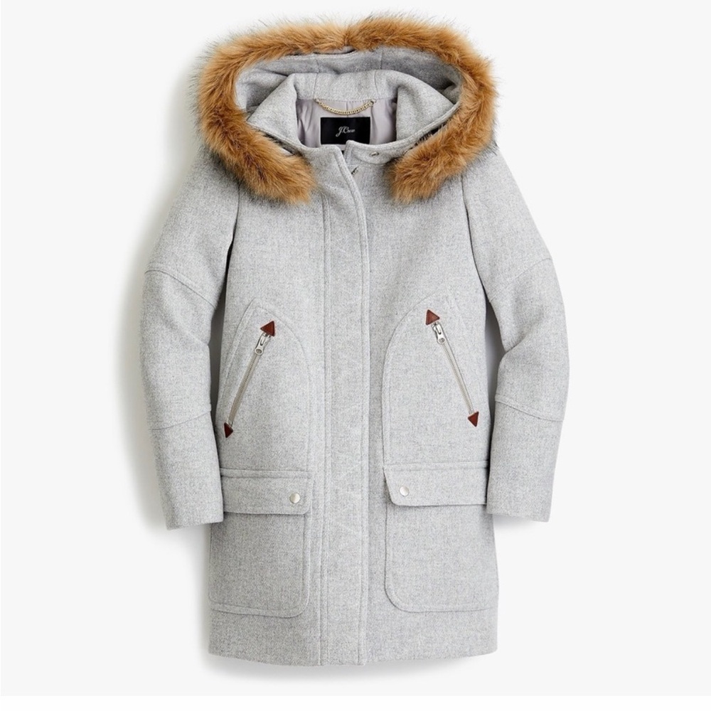 J. Crew Gray Hooded Coat with Removable Faux Fur Trim